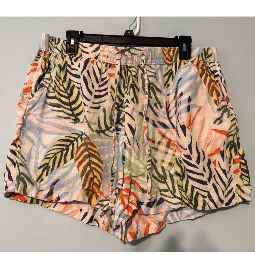 Tahari Women's XL Tropical Palm Print 100% Linen Drawstring Shorts 2102